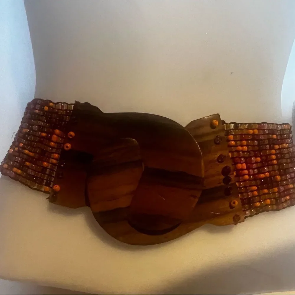 beaded dress belt tribal stone wooden closure